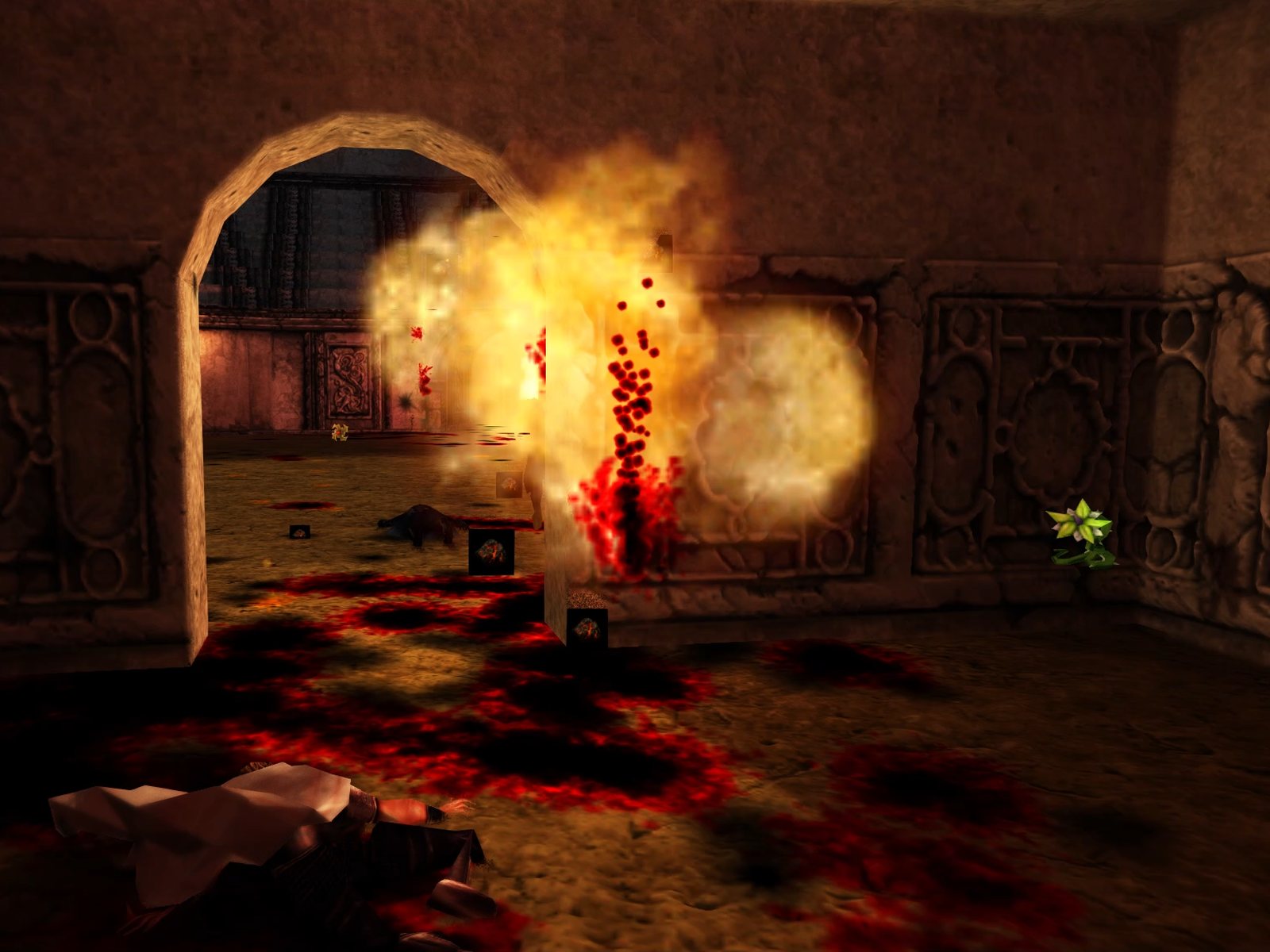 A fireball bursting in a doorway of the Coliseum during a round