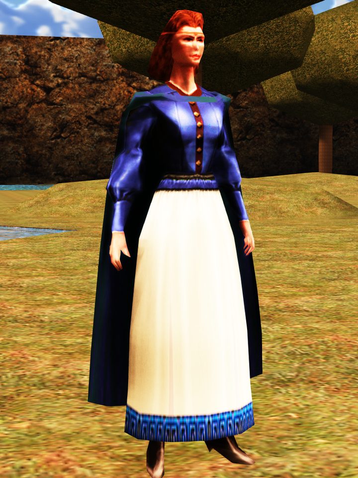 An Aes Sedai with auburn hair in a sapphire dress over a white underdress, standing on grass