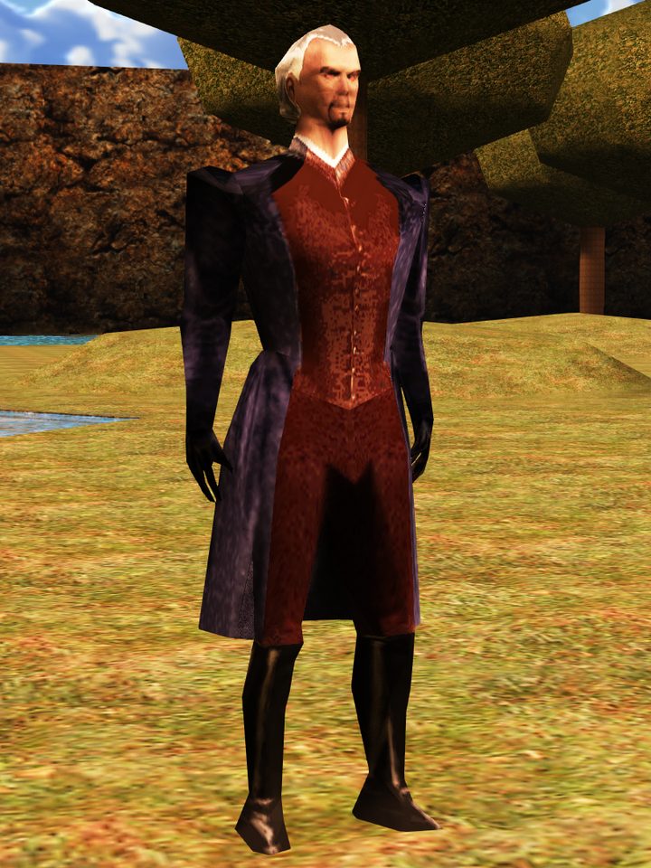 A silver-haired Forsaken in a midnight-blue coat over crimson clothes