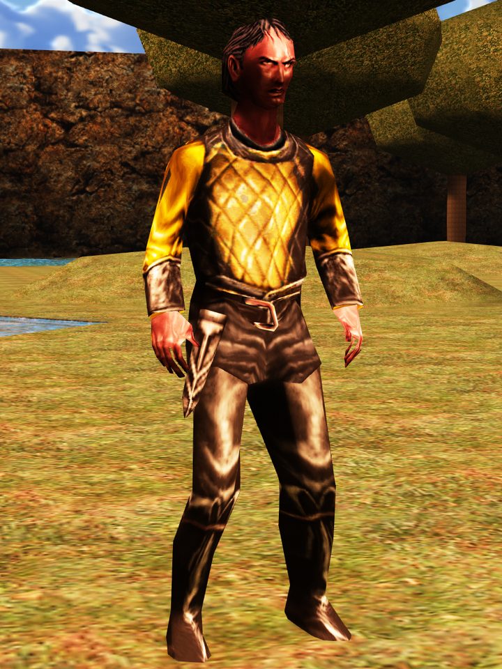 A Hound in a saffron tunic, brown leathers and tan boots