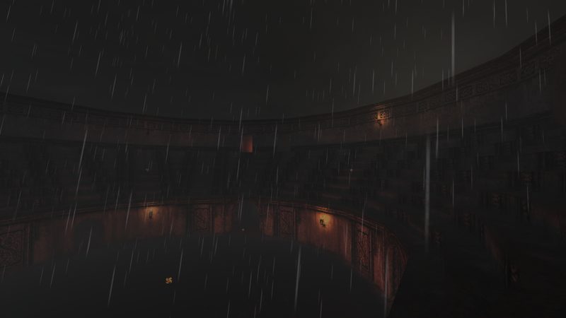 Rain driving across the Coliseum’s tiers under a black sky