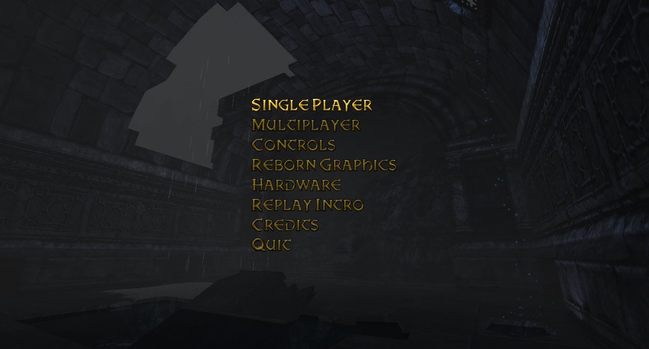 The main menu, gold lettering over a ruined hall in the rain